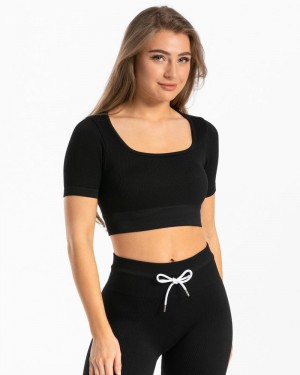 Black Women Teveo Ribbed Crop Tops | IPR-5250