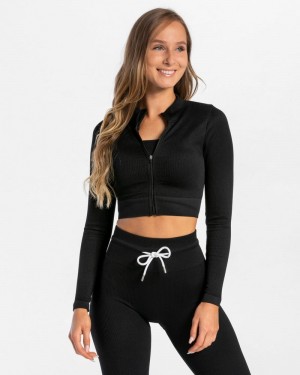 Black Women Teveo Ribbed Zip Jackets | IXX-0982