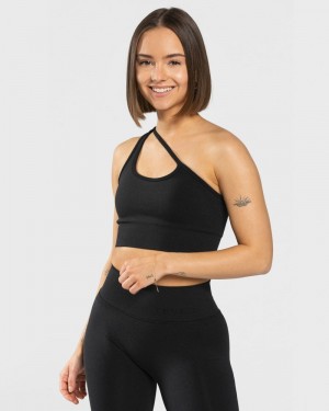 Black Women Teveo Sassy One Shoulder Sports Bra | VWT-5844