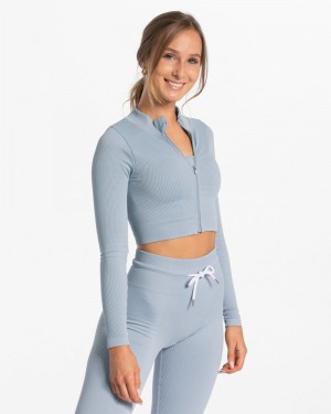 Grey Blue Women Teveo Ribbed Zip Jackets | ZXQ-6761