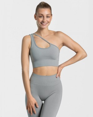 Grey Blue Women Teveo Sassy One Shoulder Sports Bra | WLY-9037