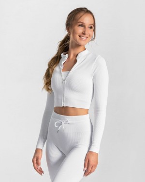 White Women Teveo Ribbed Zip Jackets | AYN-7973