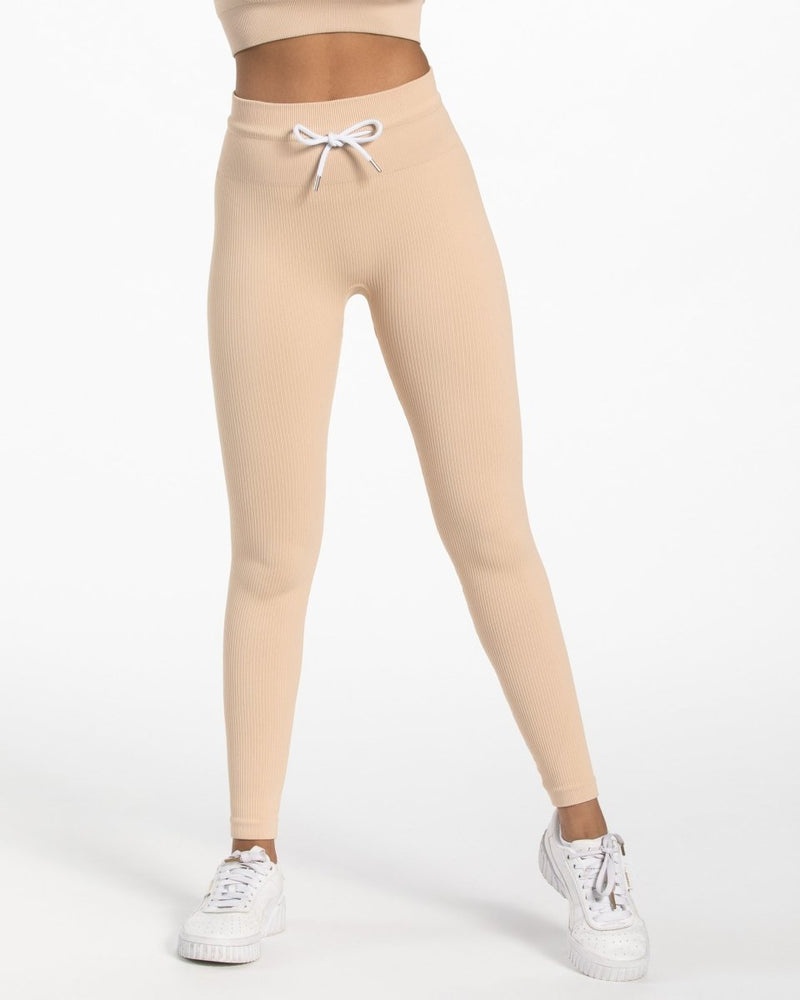 Beige Women Teveo Ribbed Leggings | HMS-5827