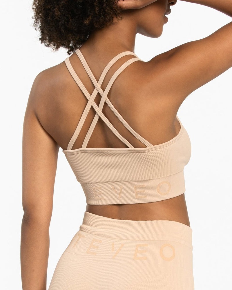 Beige Women Teveo Ribbed Sports Bra | GHT-1671