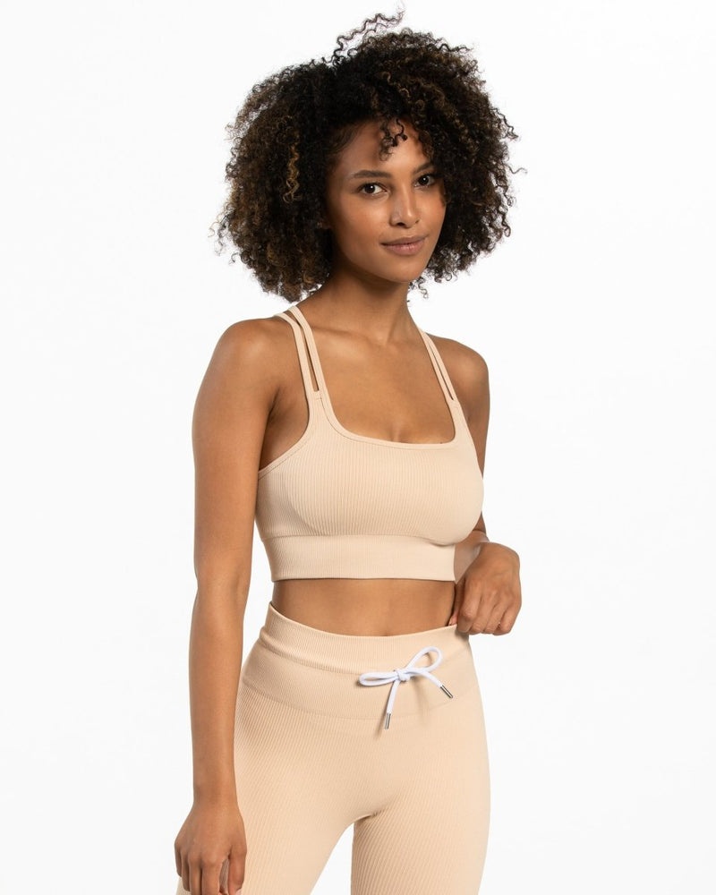 Beige Women Teveo Ribbed Sports Bra | GHT-1671