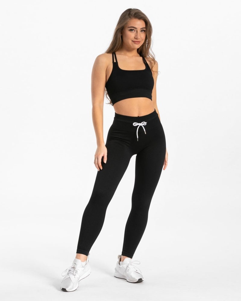 Black Women Teveo Ribbed Leggings | EWM-0676