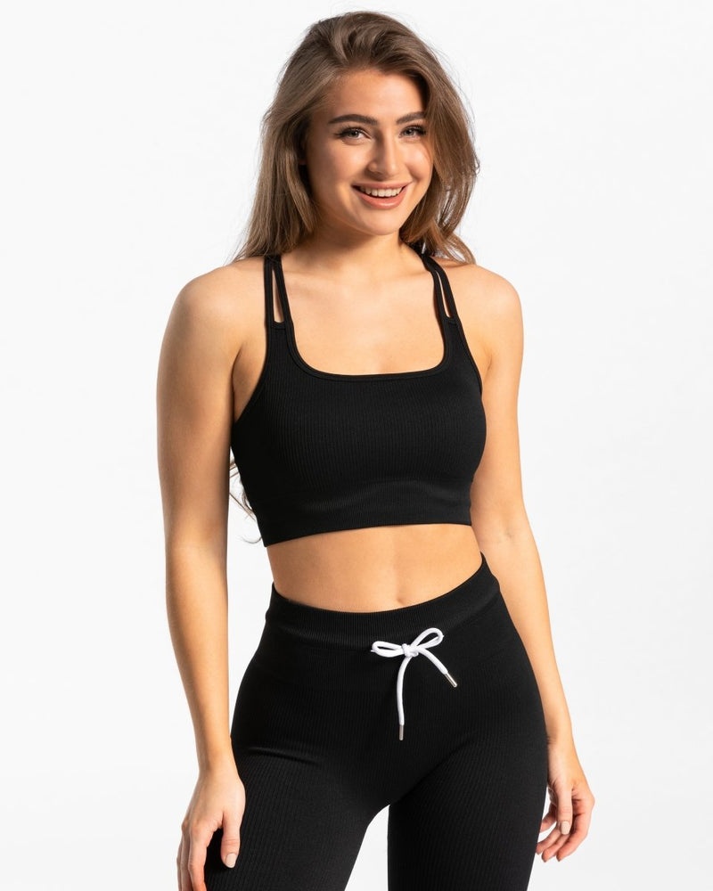 Black Women Teveo Ribbed Sports Bra | IFX-1966